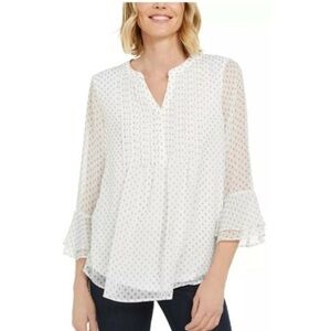 Charter Club pintuck bodice 3/4 sheer sleeve blouse overlay front split neck L